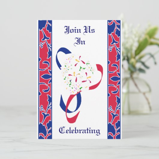 Invitation Rouge, blanc & bleu, Mariage damassé (Debout devant)