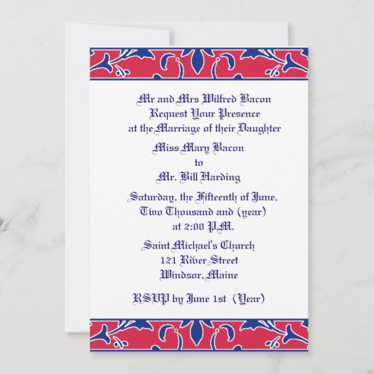 Invitation Rouge, blanc & bleu, Mariage damassé (Dos)