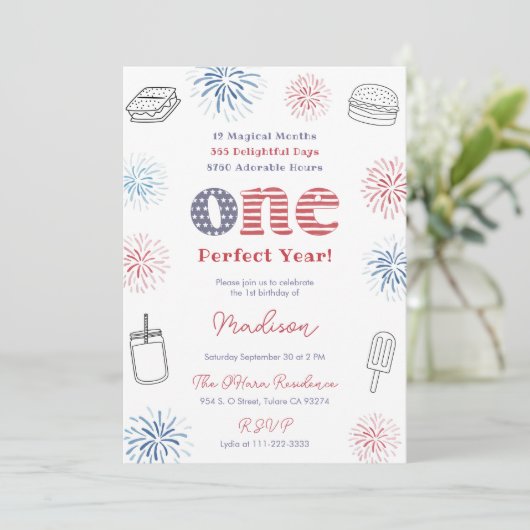 Invitation Rouge Blanc Bleu Parfait Année 1er anniversaire (Debout devant)