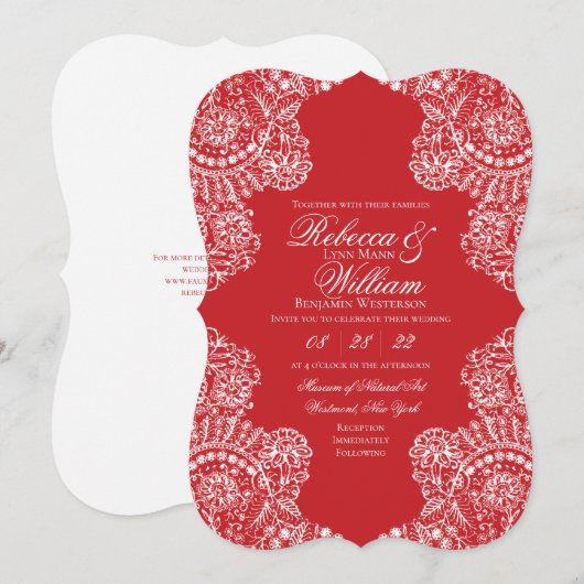 Invitation Rouge Blanc dentelle élégant mariage (Devant / Derrière)