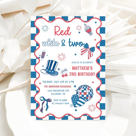Invitation Rouge, Blanc & Deux 4 Juillet 2 Anniversaire