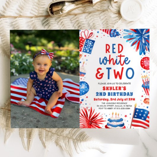 Invitation Rouge, Blanc & Deux 4 Juillet 2 Photo Anniversaire
