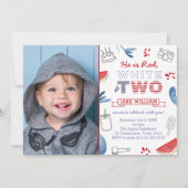 Invitation Rouge Blanc Deux Unisex 2e Anniversaire Photo (Devant)