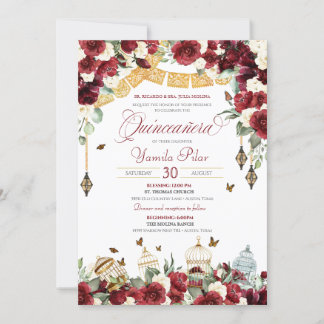 Invitation Rouge Blanc élégant papillon floral Quinceanera V6