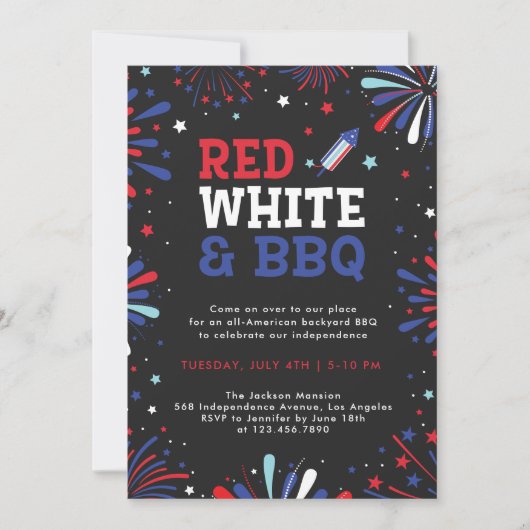 Invitation Rouge blanc et BBQ 4 juillet feux d'artifice patri (Devant)