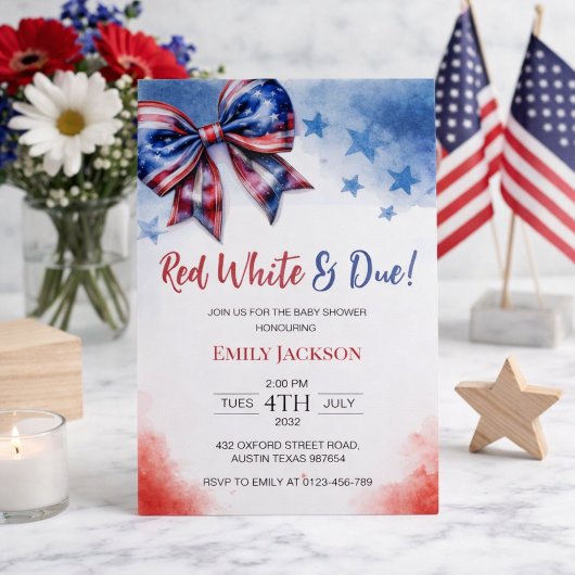 Invitation Rouge Blanc et Bébé attendu pour le 4 juillet avec