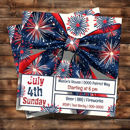 Invitation Rouge blanc et bleu Fireworks et Bow
