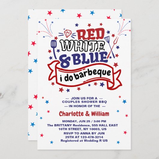 Invitation Rouge blanc et bleu i do BBQ Couple douche nuptial (Devant / Derrière)
