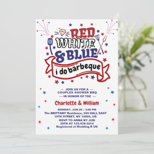 Invitation Rouge blanc et bleu i do BBQ Couple douche nuptial (Debout devant)