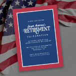 Invitation Rouge Blanc et Bleu Simple Élégant Parti de retrai<br><div class="desc">Une invitation classique à la retraite qui est à la fois simple et élégante, ce design utilise une typographie distinctive pour expliciter le mot -Retraite- jumelé à une simple face sans empattement. Les couleurs rouge, blanc et bleu sont celles du drapeau américain, ce qui en fait un grand choix pour...</div>