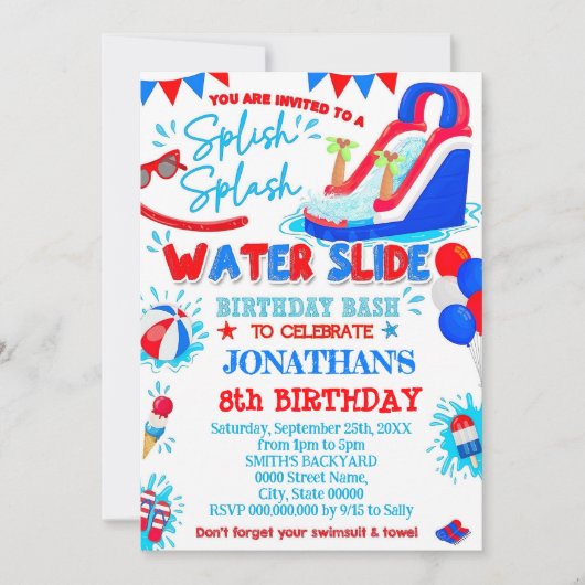 Invitation Rouge Blanc et Bleu Splish Splash Toboggan Anniver (Devant)