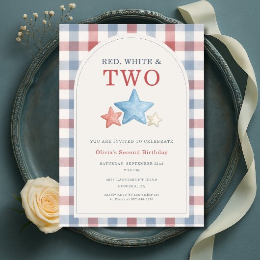 Invitation Rouge Blanc et Deux Gingham 2e Anniversaire