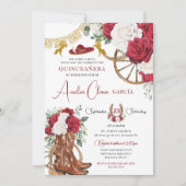 Invitation Rouge Blanc Floral Charro Bottes Chevaux Quinceañe (Devant)