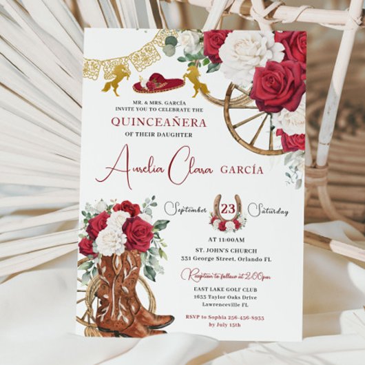 Invitation Rouge Blanc Floral Charro Bottes Chevaux Quinceañe