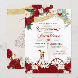 Invitation Rouge Blanc Floral & Or Elegant Charro Quinceanera
