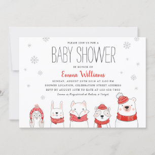 Invitation Rouge Blanc hiver Neige Baby shower des animaux de