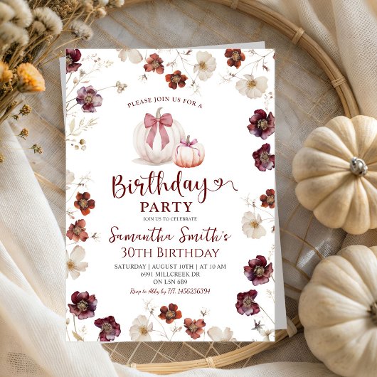 Invitation Rouge Blanc Marsala Automne Fleur sauvage Annivers