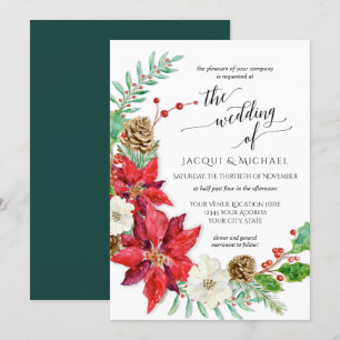 Invitation Rouge Blanc Noël Floral Wreath Mariage d'hiver