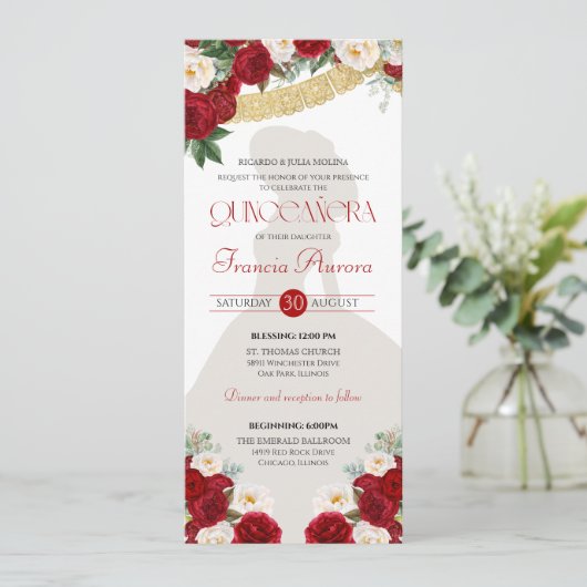 Invitation Rouge Blanc Or Blooms Papel Picado Charro Quince I (Debout devant)