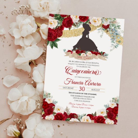 Invitation Rouge Blanc Or Élégant Floral Charro Quinceanera