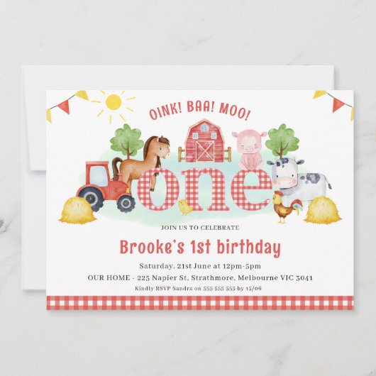 Invitation Rouge Blanc Plaid Oink Baa Moo Ferme 1er anniversa (Devant)