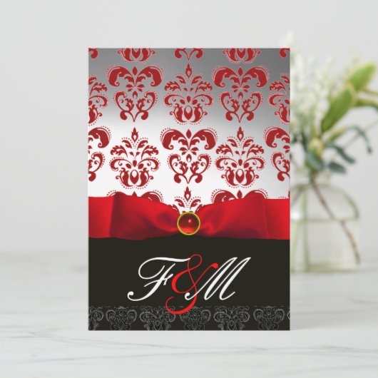 Invitation ROUGE BLANC RIBBON & BLACK DAMASK MONOGRAM Ruby (Debout devant)