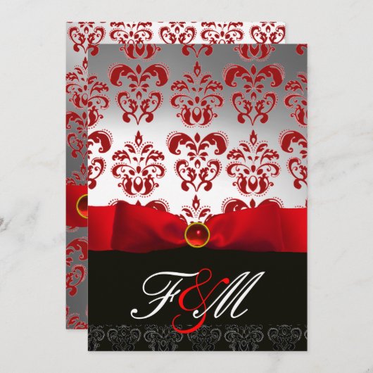 Invitation ROUGE BLANC RIBBON & BLACK DAMASK MONOGRAM Ruby (Devant / Derrière)