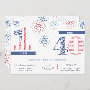 Invitation Rouge Bleu 4 juillet fête d'anniversaire conjointe