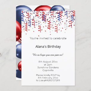 INVITATION ROUGE BLEU BLANC PATRIOTIQUE STREAMERS ANNIVERSAIR
