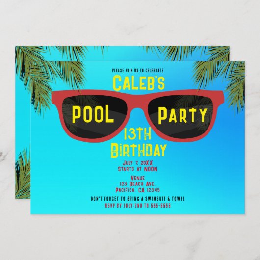 Invitation Rouge Bleu Été Tons de soleil Plage Pool Party (Devant / Derrière)