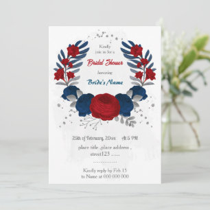 Invitation rouge & bleu marine fleurs argent nuptiale douche
