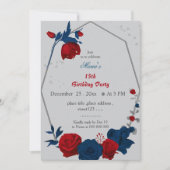 Invitation rouge & bleu marine fleurs geomertic anniversaire (Devant)
