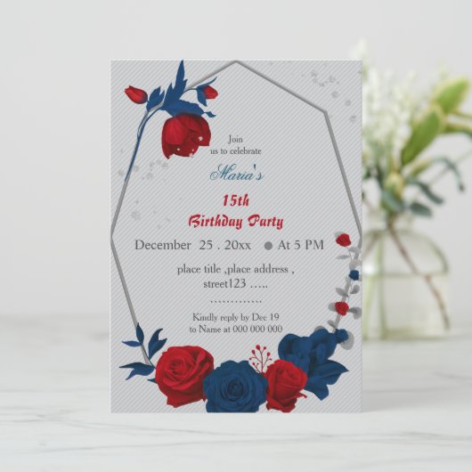 Invitation rouge & bleu marine fleurs geomertic anniversaire (Debout devant)