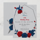 Invitation rouge & bleu marine fleurs geomertic anniversaire (Devant / Derrière)
