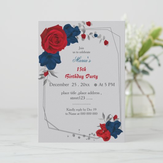 Invitation rouge & bleu marine fleurs geomertic anniversaire  (Debout devant)