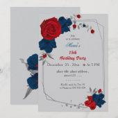 Invitation rouge & bleu marine fleurs geomertic anniversaire  (Devant / Derrière)