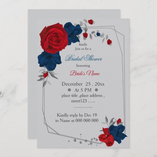 Invitation rouge & bleu marine fleurs géométriques douche nup (Devant / Derrière)