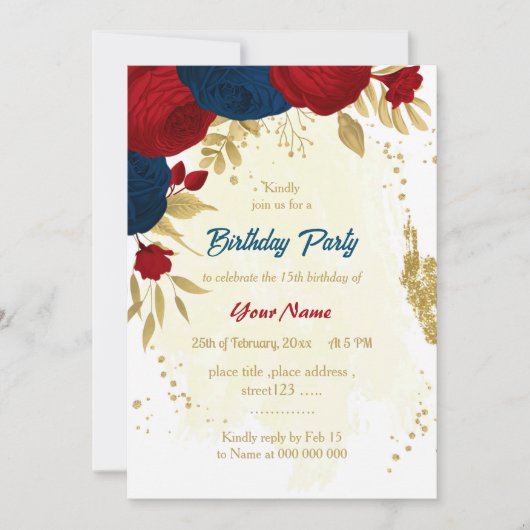 Invitation rouge & bleu marine fleurs or feuille anniversaire (Devant)