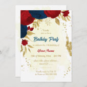 Invitation rouge & bleu marine fleurs or feuille anniversaire (Devant / Derrière)