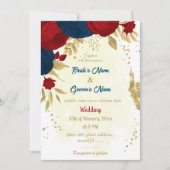 Invitation rouge & bleu marine fleurs or feuille mariage (Devant)
