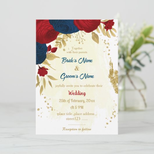 Invitation rouge & bleu marine fleurs or feuille mariage (Debout devant)