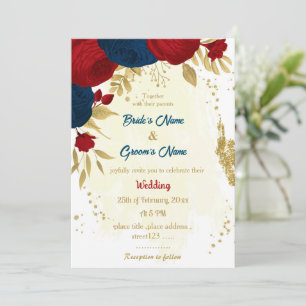 Invitation rouge & bleu marine fleurs or feuille mariage