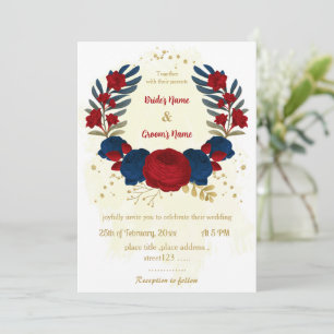 Invitation rouge & bleu marine fleurs or feuille mariage