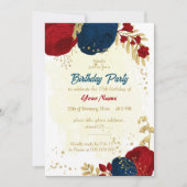 Invitation rouge & bleu marine fleurs or feuilles anniversair (Devant)