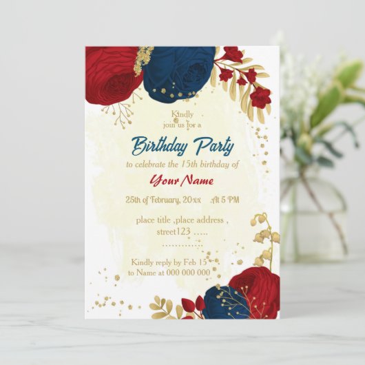 Invitation rouge & bleu marine fleurs or feuilles anniversair (Debout devant)