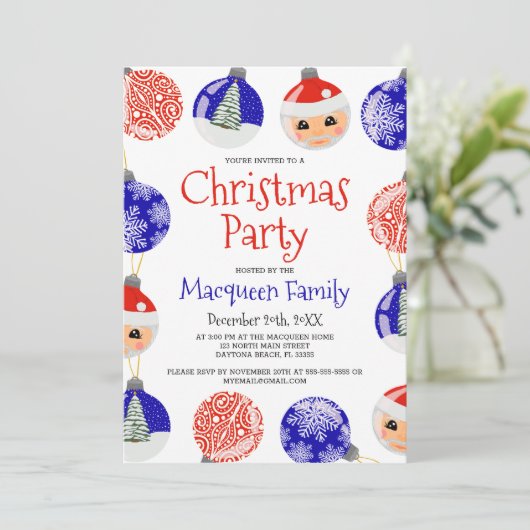 Invitation Rouge bleu mignon ornement Baubles fête de Noël (Debout devant)