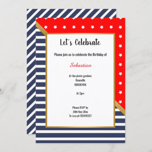 INVITATION ROUGE BLEU OR STARS & STRIPES ANNIVERSAIRE