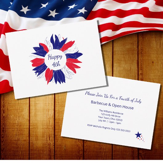 Invitation Rouge Bleu Patriotique Floral 4 Juillet BBQ