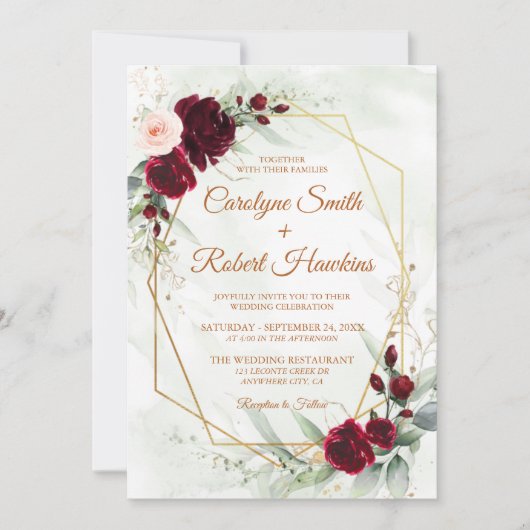Invitation Rouge Blush Bourgogne or Mariage géométrique de ve (Devant)