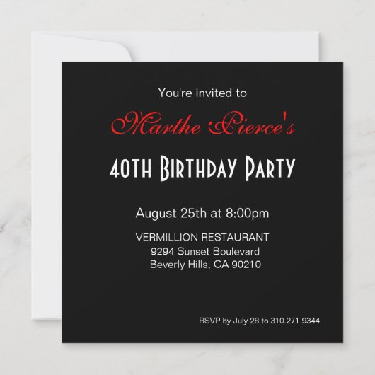 Invitation Rouge Bombshell Zebra 40e anniversaire Party (Dos)
